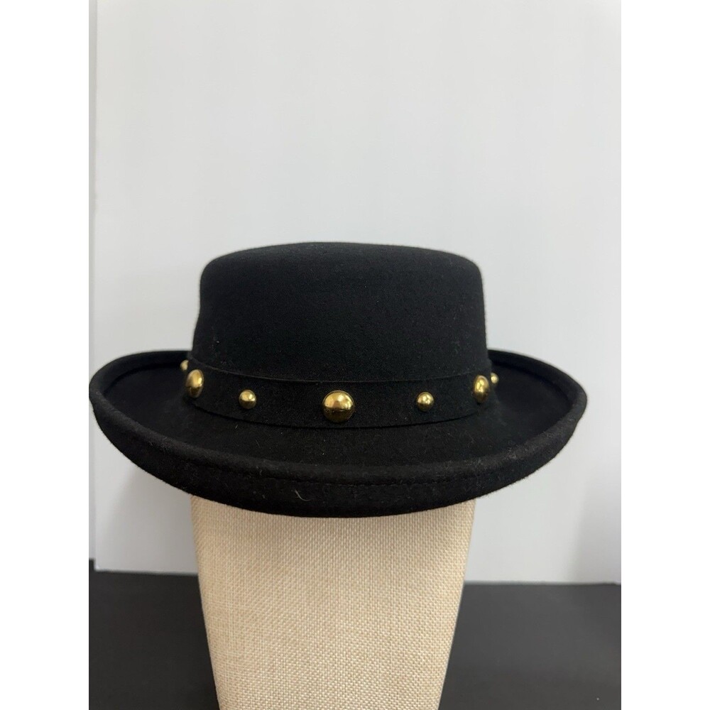 Vintage Dobbs Style Black Wool Felt Gambler Hat Gold Stud Band Boho Western